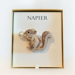 NWT Napier Gold & Silver Tone Crystal & Pearl Squirrel Pin